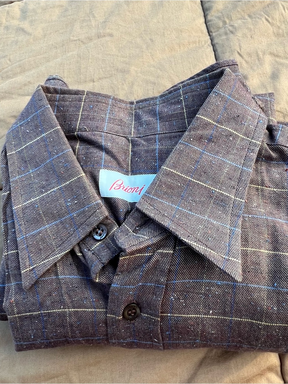 Vintage Brioni Brown Plaid Cotton Button-Up Shirt Blue & Tan Windowpane Size L